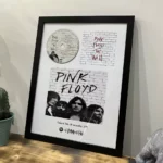 تابلوی قاب شده آلبوم The Wall از گروه پینک فلوید شامل کاور سیاه و سفید، CD آلبوم و بارکد Spotify