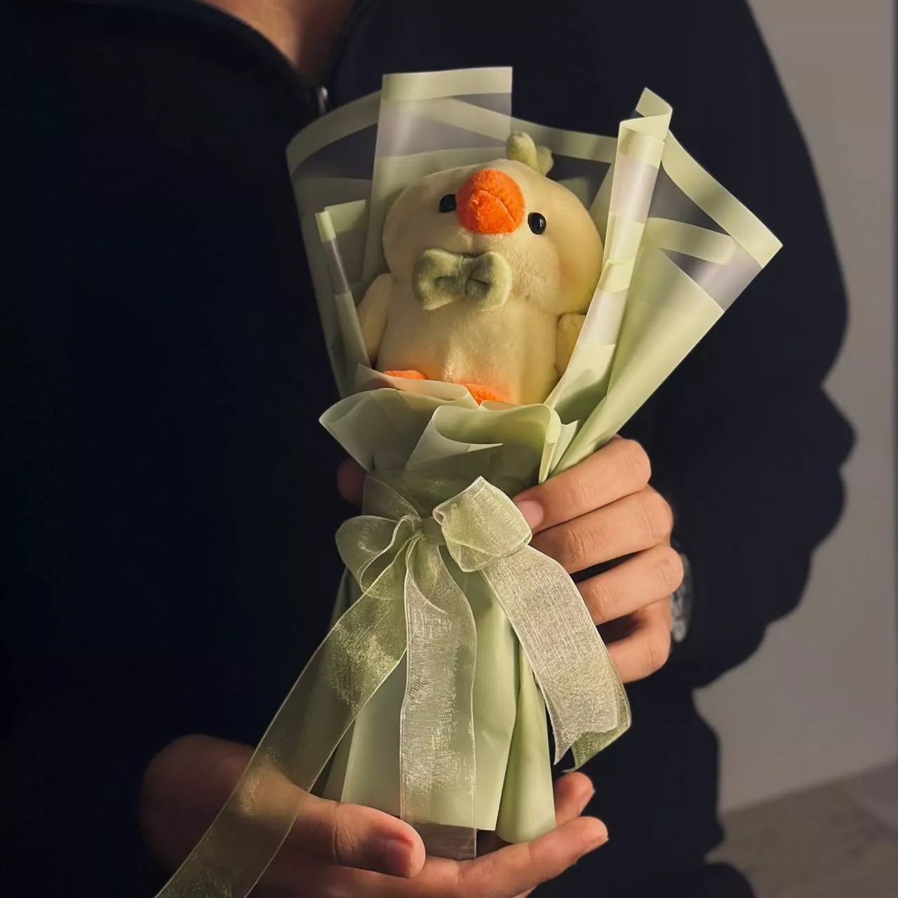 luxury-doll-bouquet-green-theme نمای نزدیک و باکیفیت بوکت جوجه اردک با کاغذپیچی سبز